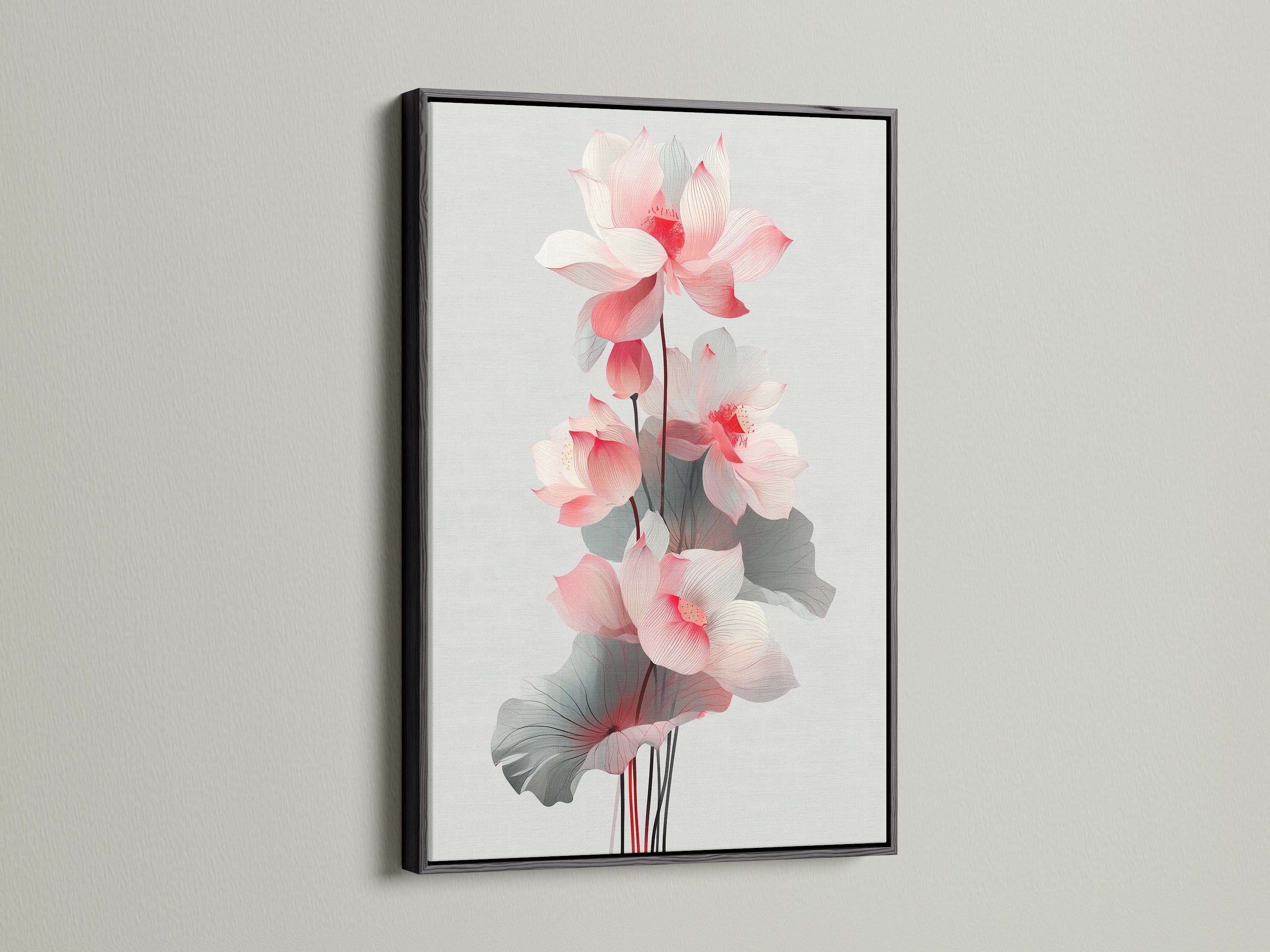 The lotus flower artwork is elegantly displayed in a black frame. This botanical wall art stands out with its contrast. It complements modern and spa-style interiors. Elevate your space with this striking piece.