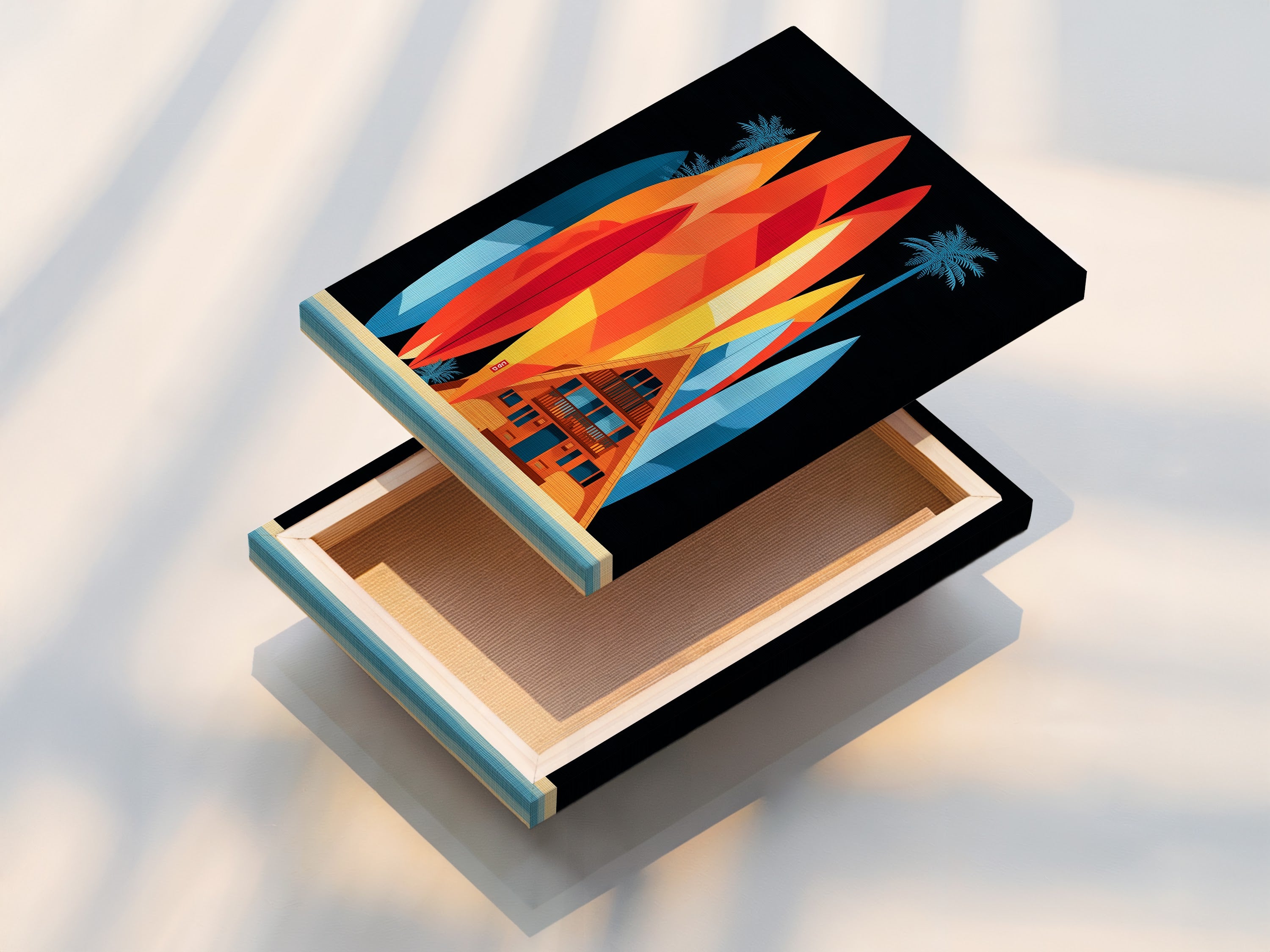 A stretched canvas print of the A-Frame house artwork. The surfboard artwork is ready to hang and enjoy. This retro wall art adds a pop of color to any space. Perfect for a beach house or vacation rental.