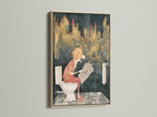 Funny Dog Canvas Print in an oak Frame. The artwork displays a dog reading a newspaper on a toilet. It's a unique piece of bathroom art. Ideal for adding a touch of humor to your home or office. This canine artwork is sure to bring a smile.