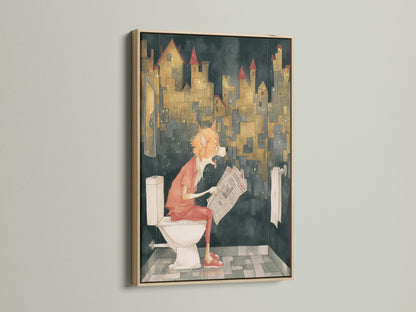 Funny Dog Canvas Print in an oak Frame. The artwork displays a dog reading a newspaper on a toilet. It's a unique piece of bathroom art. Ideal for adding a touch of humor to your home or office. This canine artwork is sure to bring a smile.