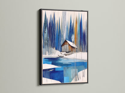 Winter Cabin Canvas Artwork with a black frame. Showcases snowy lake wall art for chalet decor. The black frame provides a bold contrast to the blue and white abstract winter art. Elevates modern wall art in any nature print collection. A stylish addition to lake house decor or ski lodge art.