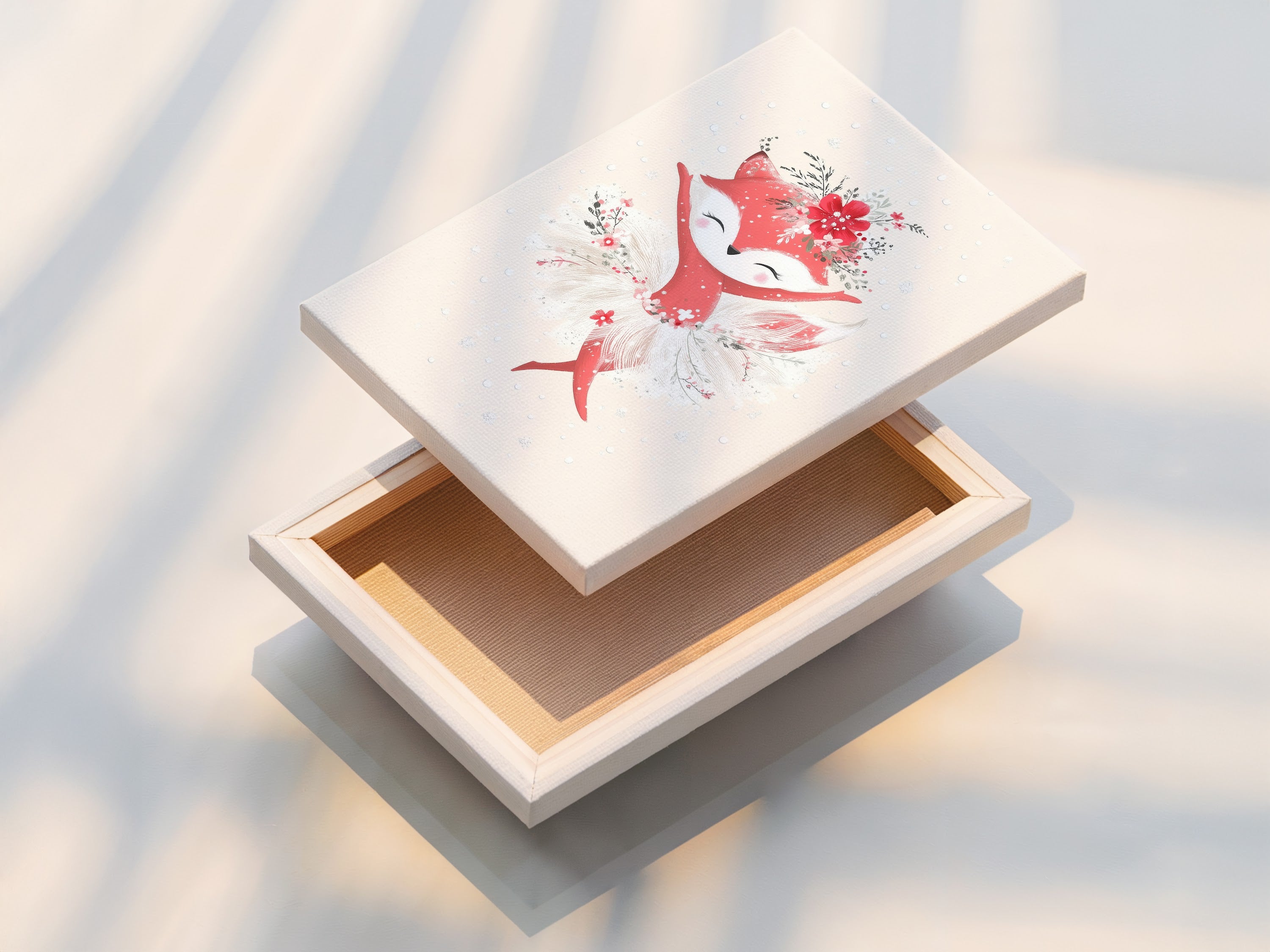 This image shows a stretched canvas print of the fox ballerina artwork. Ready to hang this cute animal art is a perfect addition to nursery wall decor. The stretched canvas format ensures the floral ballet poster looks vibrant and captivating in any nursery or kid's room.