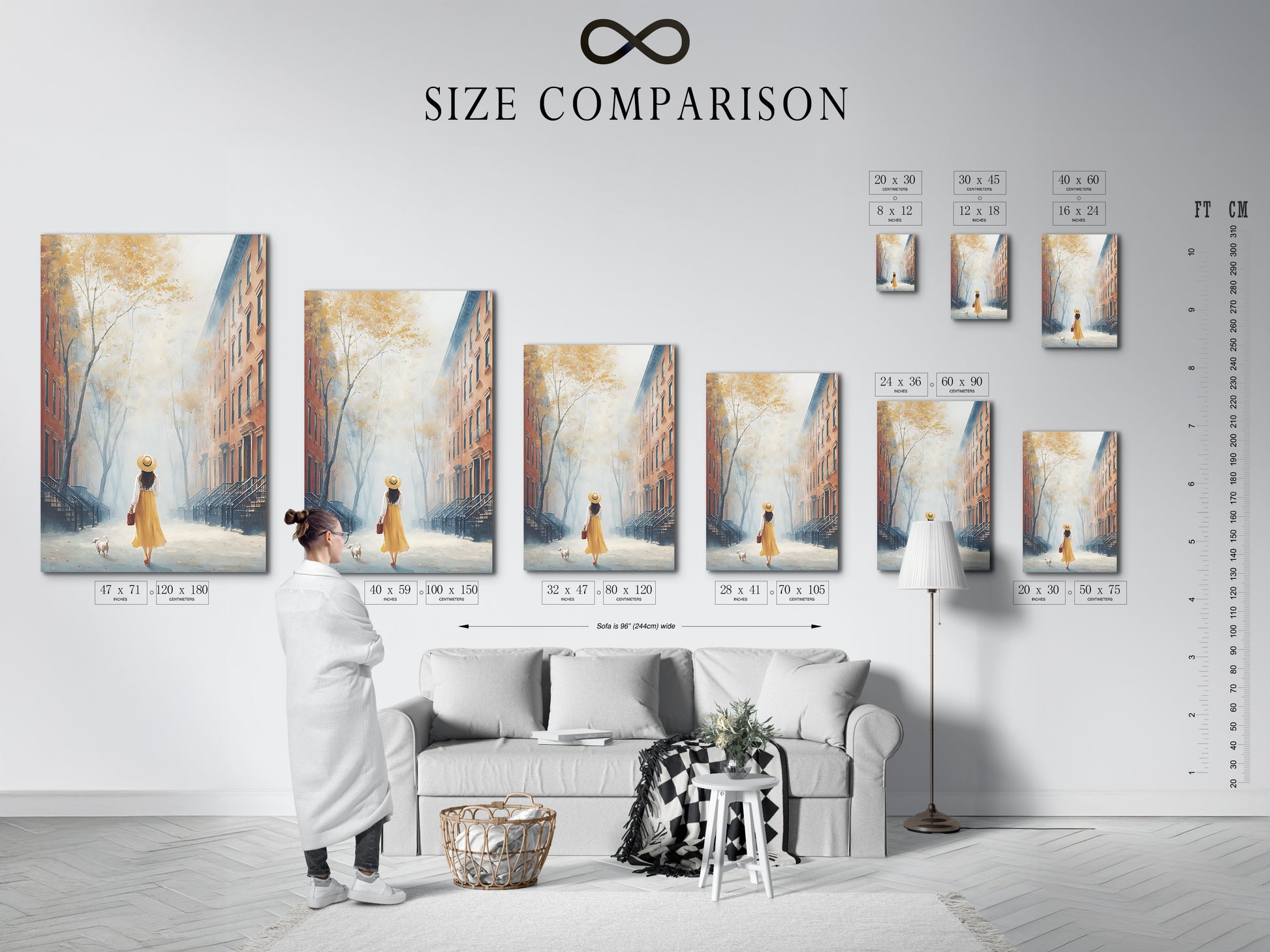 This size comparison chart shows the City Stroll artwork in various sizes. It helps visualize the artwork in different interior settings. The artwork features a woman and dog in a cityscape. Choose the perfect size for your living room entryway or office. Find the ideal fit for your contemporary decor. Enhance your space with this serene canvas.