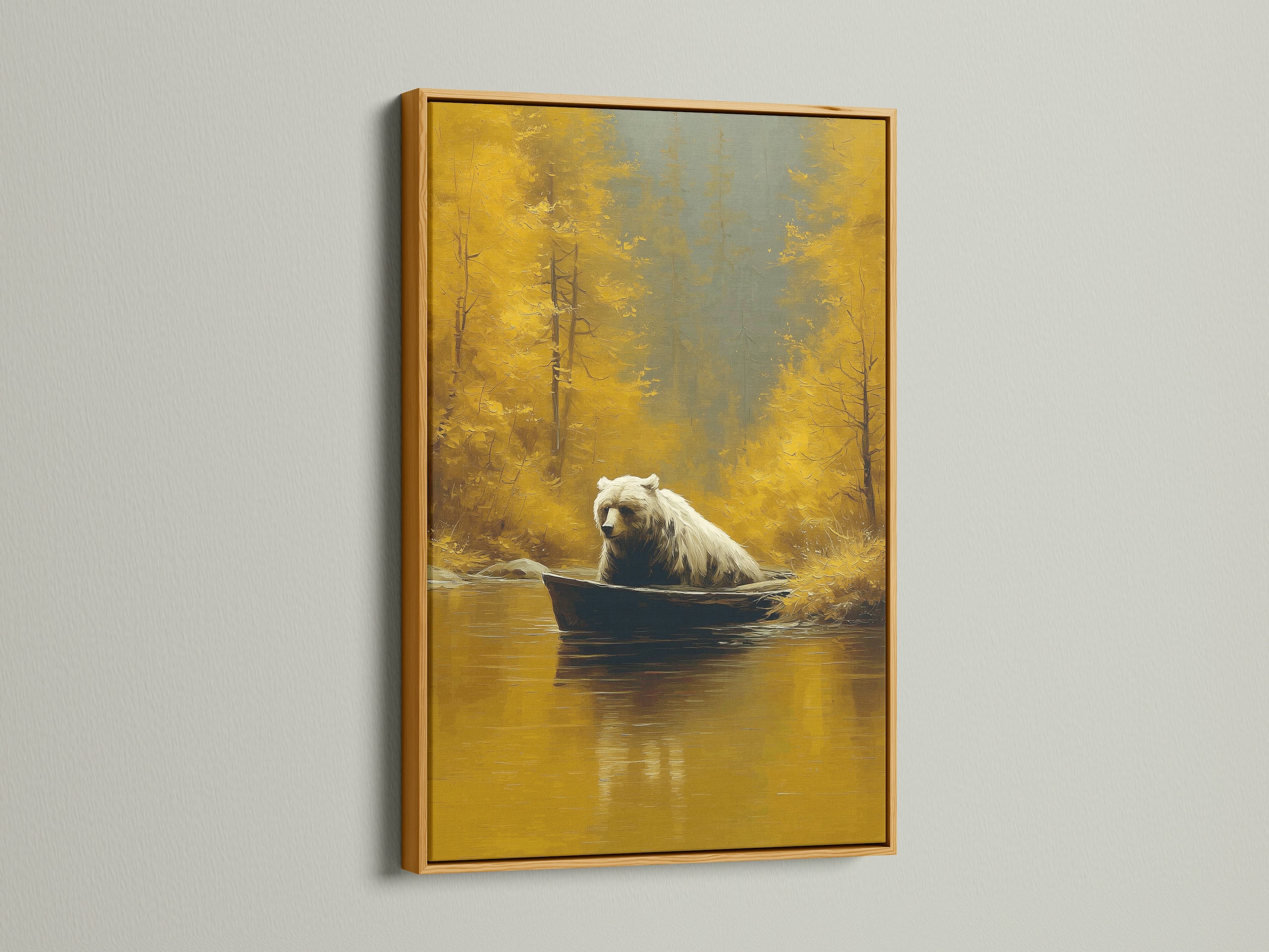Add a touch of luxury with this wildlife art in a gold frame. A bear is in a boat amidst a golden autumn forest. The gold frame accentuates the artwork's rich tones. Ideal for living rooms or elegant spaces. This is a memorable gift for him. Elevate your decor with this exquisite framed print.