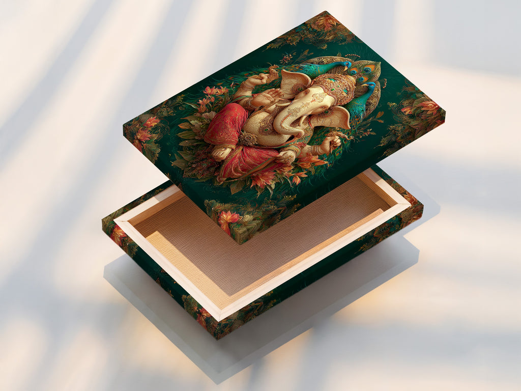 A stretched canvas print of Ganesha Wall Art. This Hindu canvas print is ready to hang. The spiritual elephant god artwork enhances any room. Teal and gold colors create a calming atmosphere. Ideal for yoga studio decor and spiritual spaces.