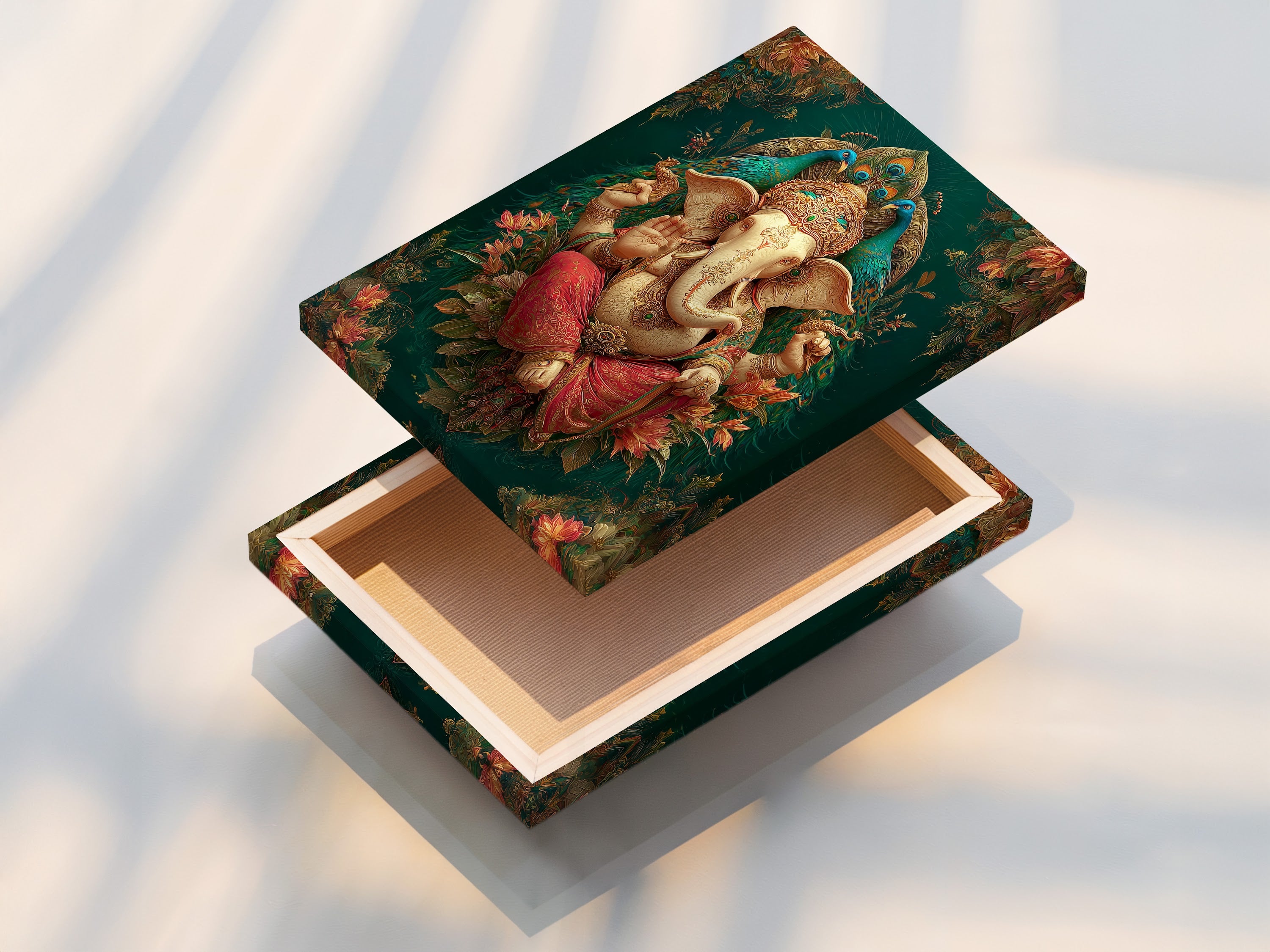 A stretched canvas print of Ganesha Wall Art. This Hindu canvas print is ready to hang. The spiritual elephant god artwork enhances any room. Teal and gold colors create a calming atmosphere. Ideal for yoga studio decor and spiritual spaces.