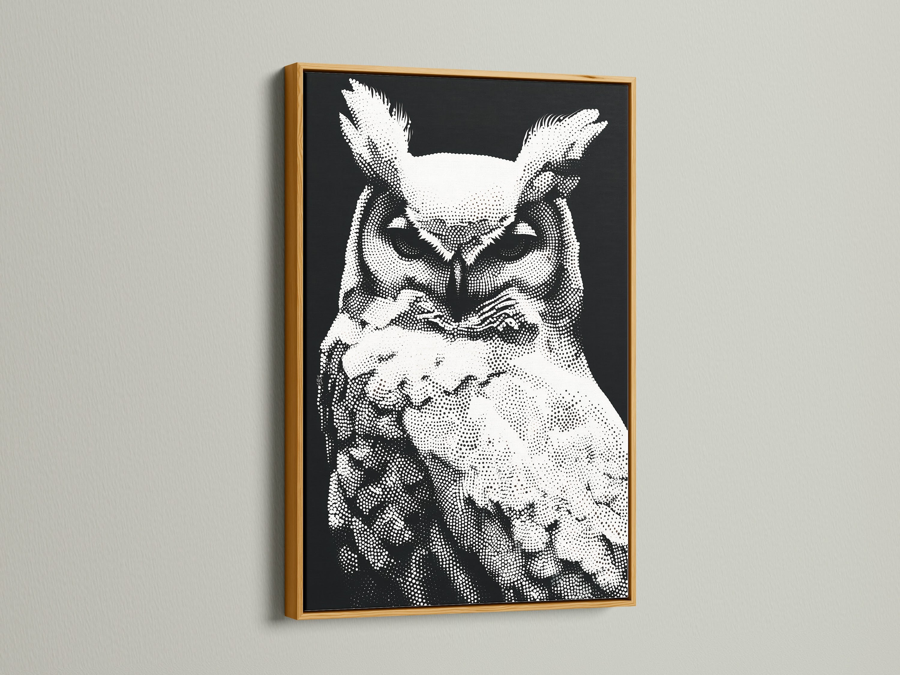 A stunning gold frame showcases the owl artwork. The frame enhances the black and white wildlife art beautifully. The modern dotted bird canvas adds a touch of sophistication. Ideal for minimalist decor and contemporary spaces. Perfect for animal art lovers.