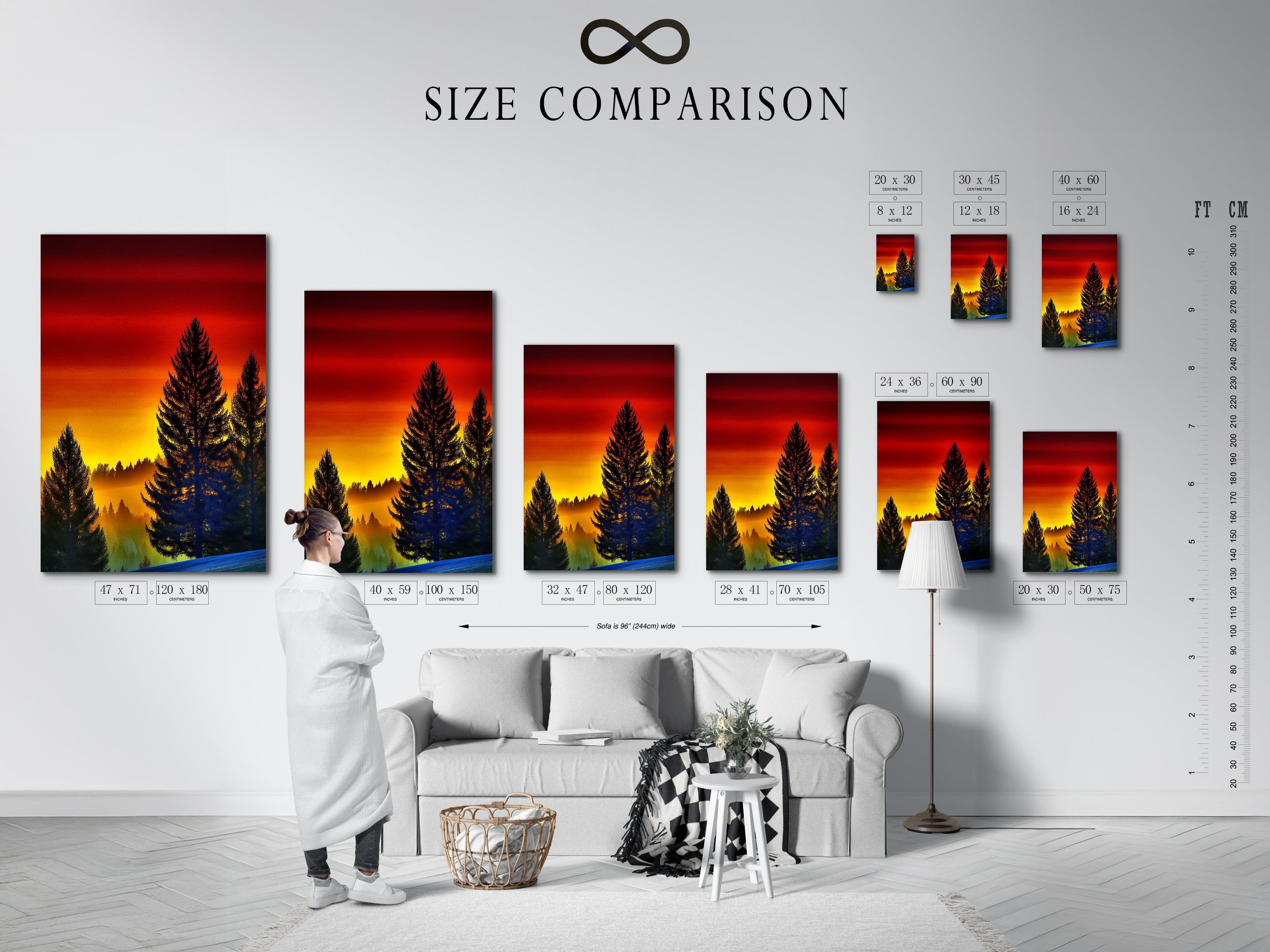 A size comparison chart displayed in an interior setting. The chart showcases various sizes of forest sunset canvas prints. Visualize the perfect fit for your living room bedroom or cabin wall. Choose the ideal dimensions for your pine tree artwork. Enhance your space with warm tone nature art.