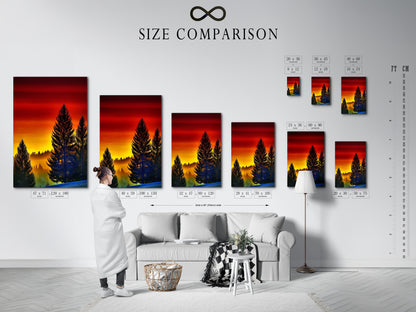 A size comparison chart displayed in an interior setting. The chart showcases various sizes of forest sunset canvas prints. Visualize the perfect fit for your living room bedroom or cabin wall. Choose the ideal dimensions for your pine tree artwork. Enhance your space with warm tone nature art.