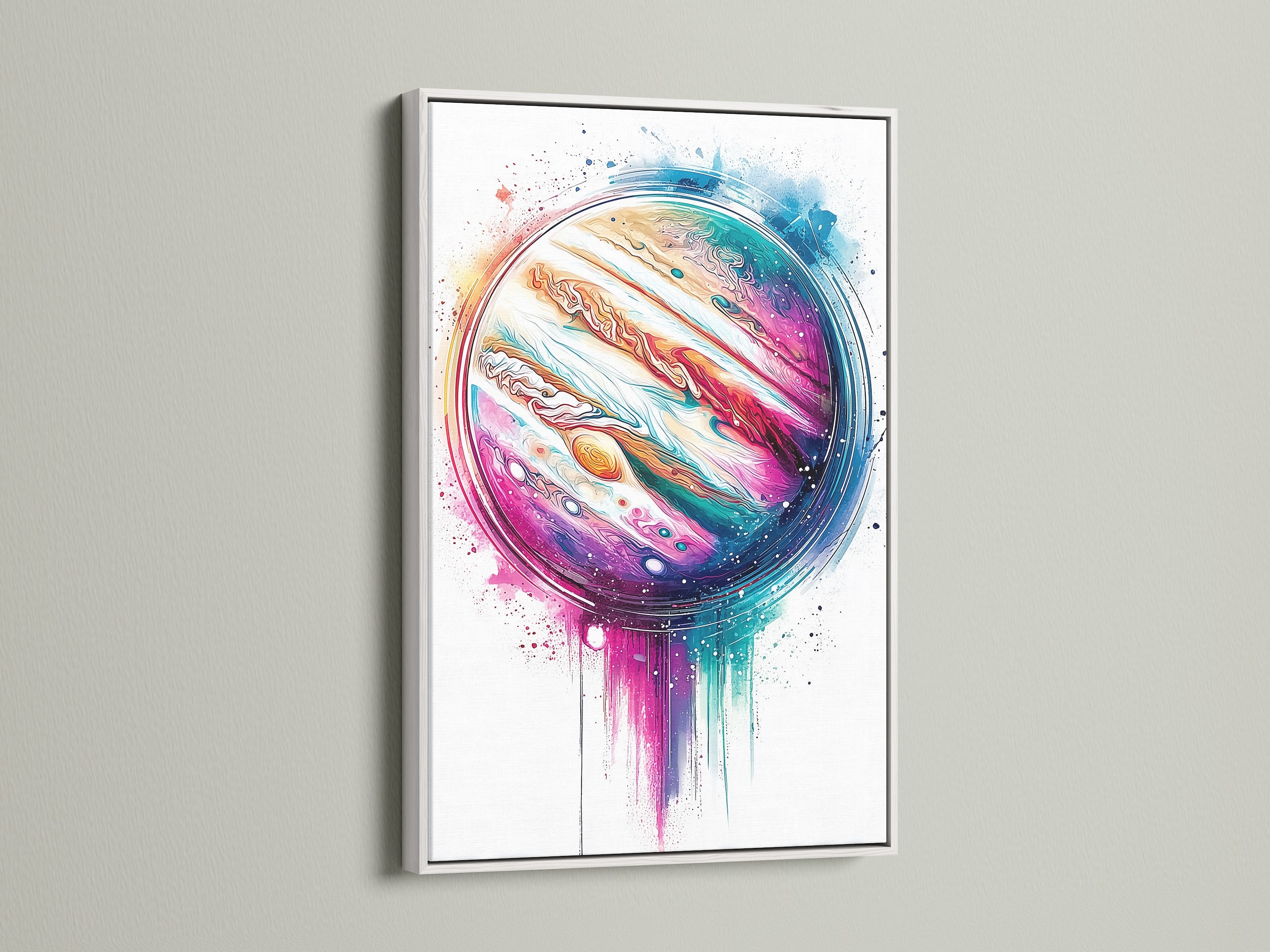 White frame highlighting Jupiter Abstract Canvas Print. The modern celestial artwork adds color to any space. This colorful planet wall art makes for perfect cosmic decor. Ideal for offices lobbies clinics or boardrooms.