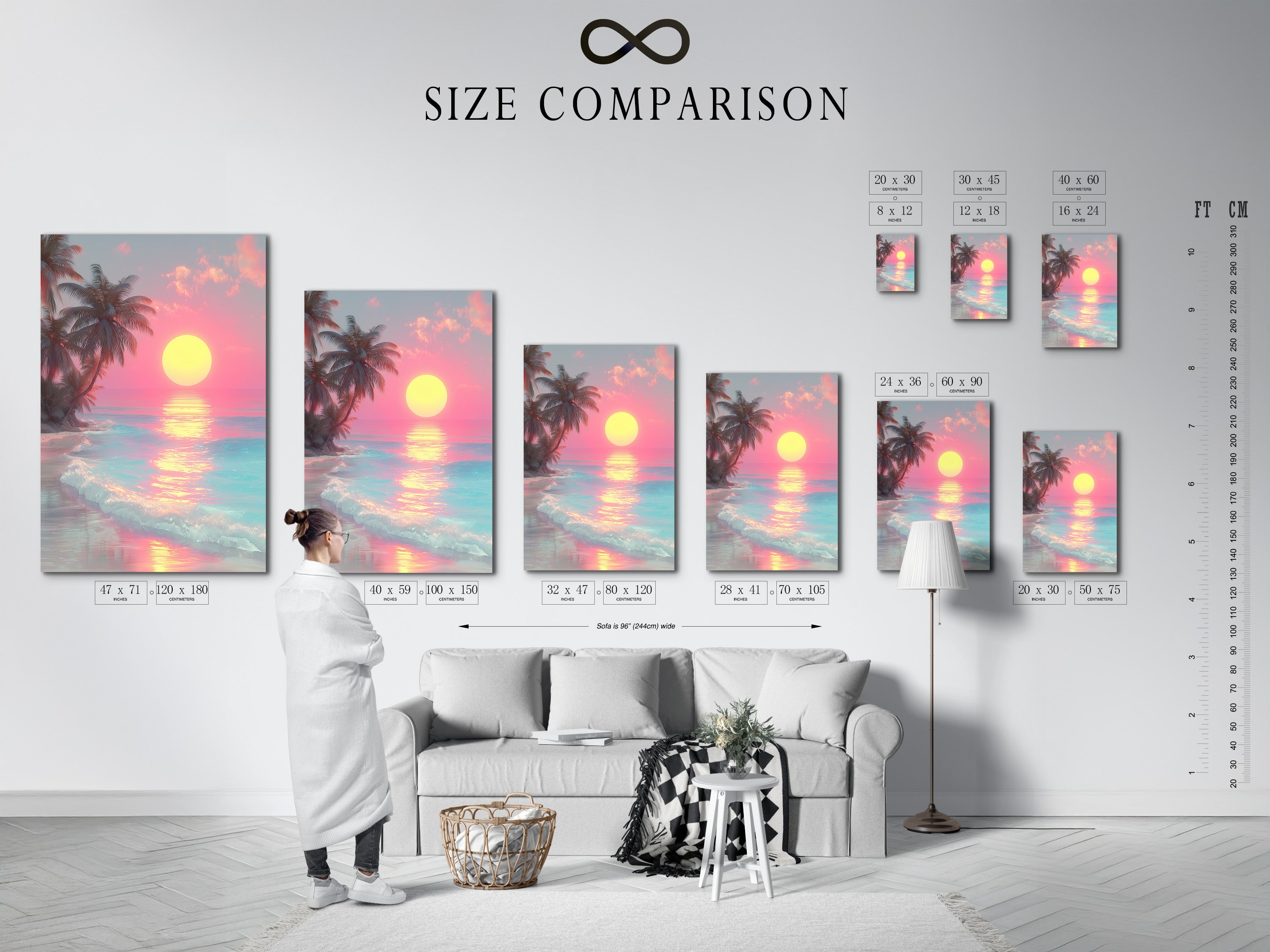 A size comparison chart displayed in an interior setting. The chart shows various sizes of framed art. Helps visualize the perfect size for your space. Find the ideal artwork dimensions for your home.