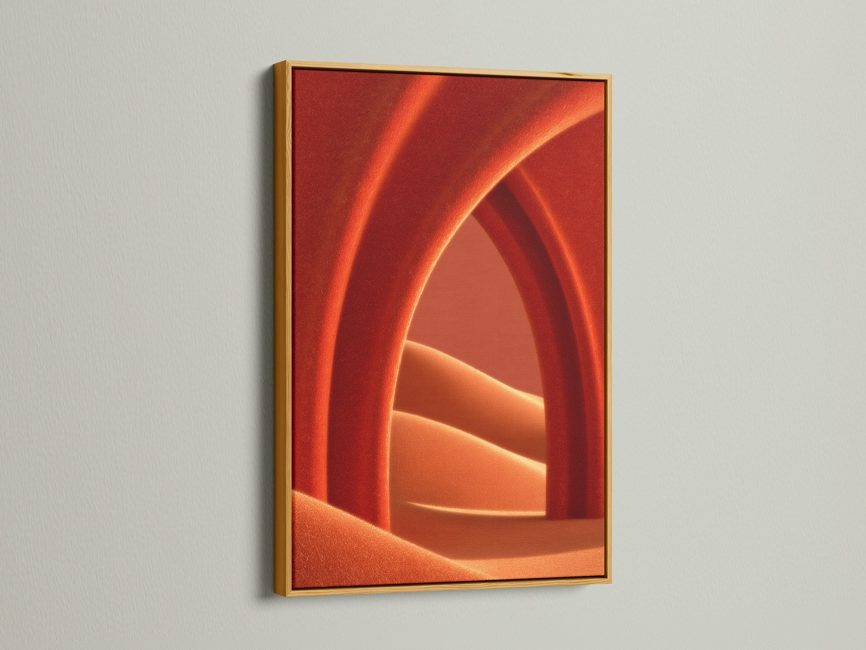 Abstract Terracotta Wall Art in a gold frame. The golden frame accentuates the warm colors. This modern minimalist poster enhances bedroom wall decor. The orange wall art complements contemporary spaces. It's suitable for adding a touch of luxury to modern artwork.