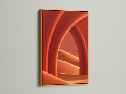 Abstract Terracotta Wall Art in a gold frame. The golden frame accentuates the warm colors. This modern minimalist poster enhances bedroom wall decor. The orange wall art complements contemporary spaces. It's suitable for adding a touch of luxury to modern artwork.