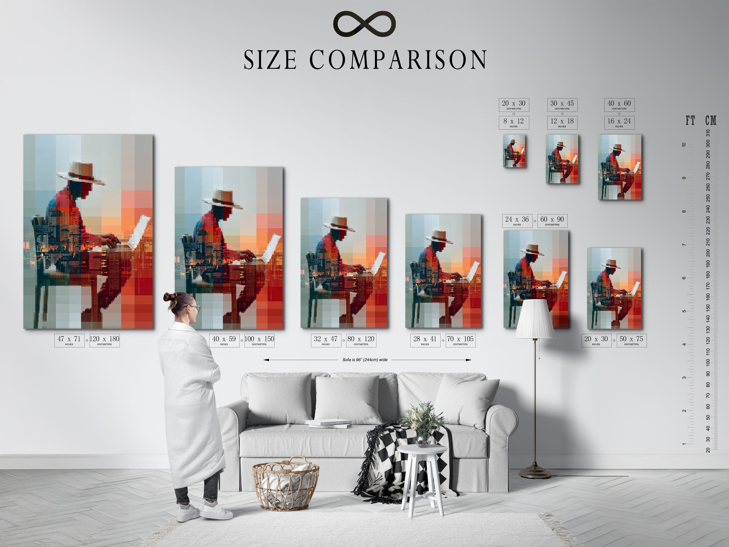 Size comparison chart displayed in an interior setting. See how the digital art portrait fits in various spaces. Visualize the abstract pixelated figure on your wall. This contemporary glitch art enhances any room.