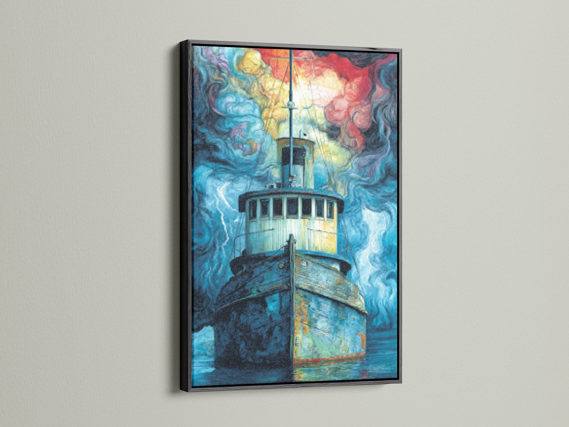Fishing Boat art in a black frame. Discover our maritime painting collection. The stormy seascape canvas print evokes a sense of adventure. This boat wall art is a striking addition to any space. It is ideal for homeowners renters and business owners. The ocean art print is a captivating focal point.