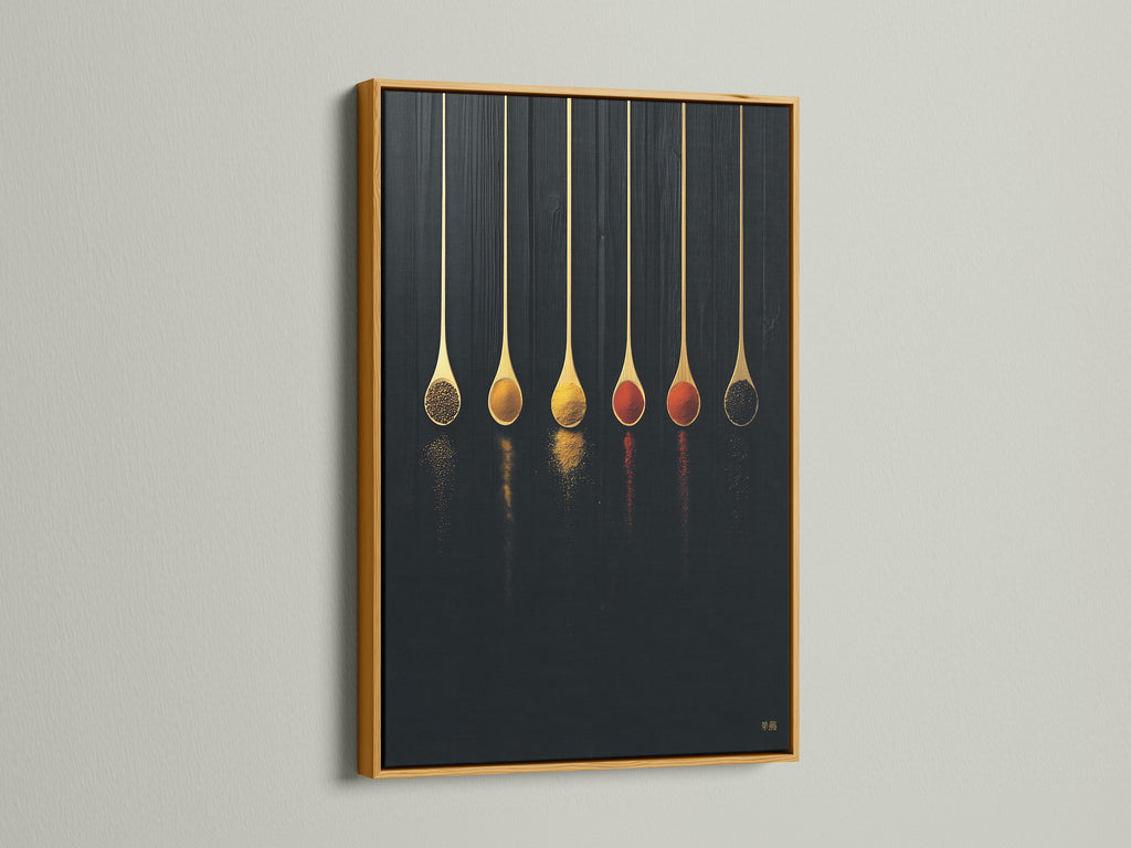 Spice Spoons canvas print with a gold frame. This modern kitchen wall art enhances culinary spaces. It's a unique chef gift for any foodie. The spoon print adds elegance to dining rooms. This food art print is great for cafe decor. Elevate your space with this minimal artwork.