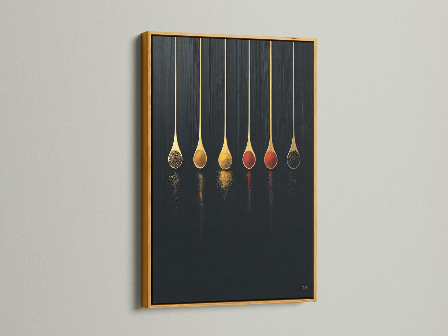 Spice Spoons canvas print with a gold frame. This modern kitchen wall art enhances culinary spaces. It's a unique chef gift for any foodie. The spoon print adds elegance to dining rooms. This food art print is great for cafe decor. Elevate your space with this minimal artwork.
