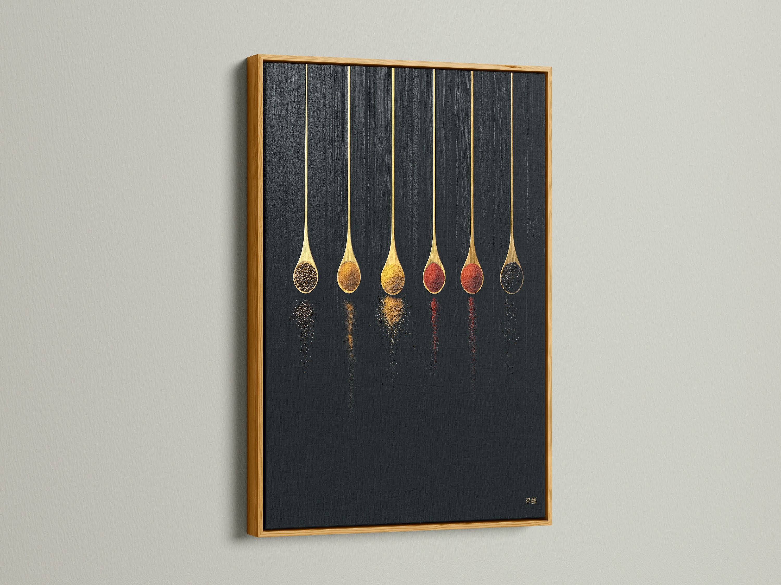Spice Spoons canvas print with a gold frame. This modern kitchen wall art enhances culinary spaces. It's a unique chef gift for any foodie. The spoon print adds elegance to dining rooms. This food art print is great for cafe decor. Elevate your space with this minimal artwork.