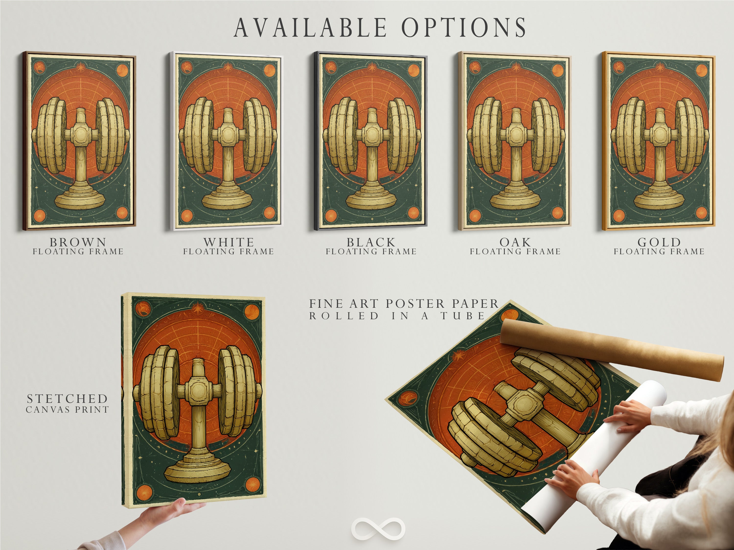 Available options for vintage dumbbell artwork are displayed. Options include a stretched canvas print fine art poster paper and floating frame. Choose the perfect format to match your home gym decor. Enhance your fitness studio with retro gym posters and art deco style. Create a unique and inspiring workout space with these stylish choices.