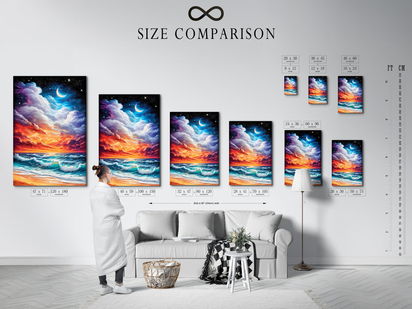A size comparison chart displayed in a stylish interior. Showcasing the available sizes for the ocean sunset art print. Visualize how the coastal canvas will look in your space. Find the perfect size for your beach wall art needs.