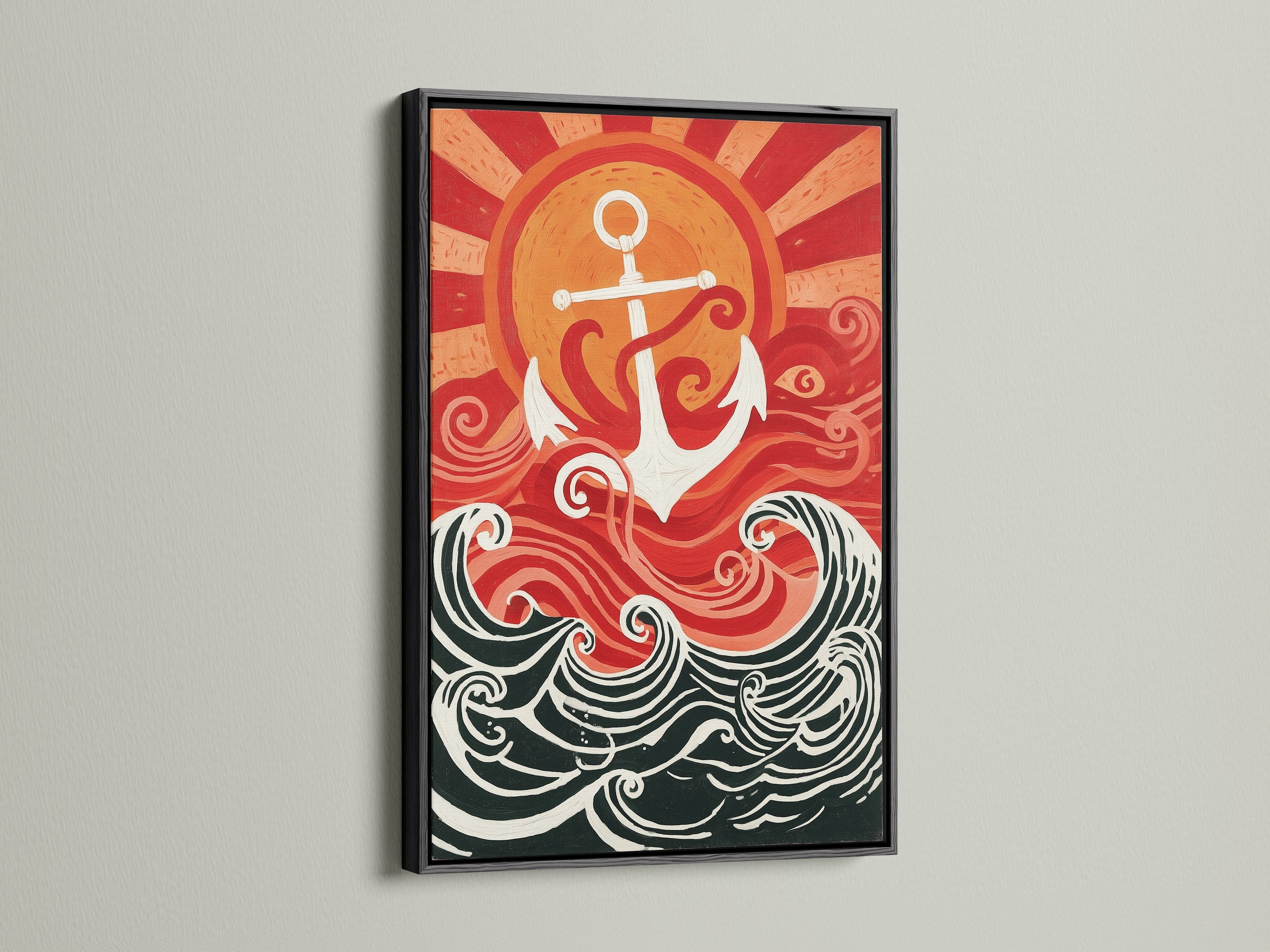 Nautical Artwork in a black frame. The art shows an anchor and ocean waves. The colors are red white and black. This nautical print adds a vintage maritime touch to your space. Perfect for coastal wall decor. It brings the beach house vibe to your home. It makes a perfect gift for sailors.