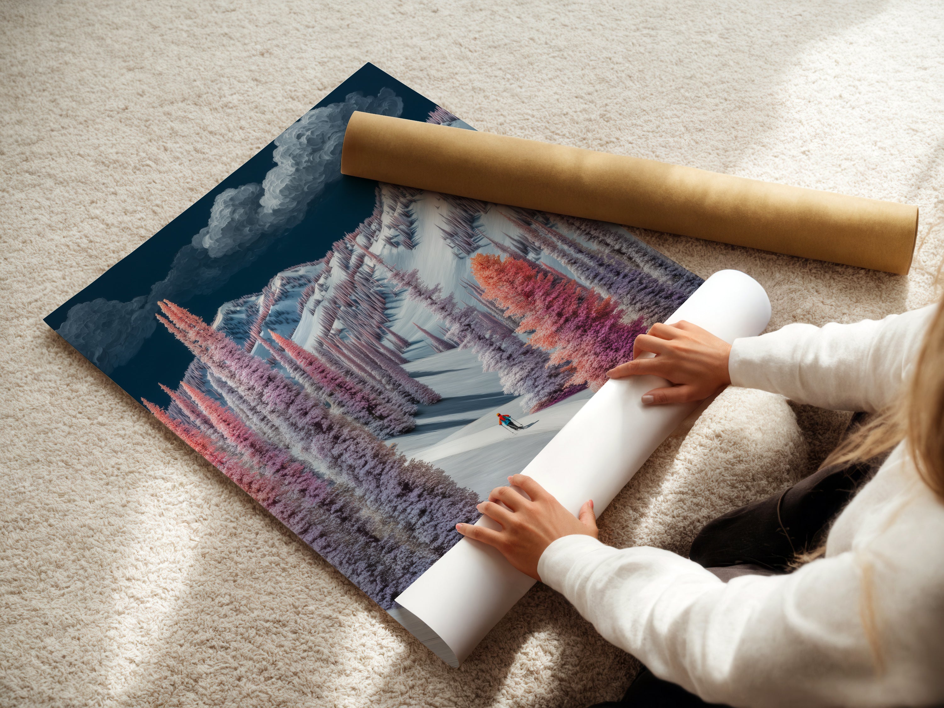 A woman carefully rolling a fine art poster paper. The paper features a Winter Mountain scene. This snowy trees art is ready for framing. Perfect for those who love pastel landscape paintings. Protect your artwork during handling. Ideal for ski cabin art
