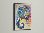 The black frame enhances this steampunk elephant canvas print. The mechanical animal artwork is a blend of industrial and fantasy elements. The blue and pink tones make it a striking piece for any wall. It's a unique addition to your art collection.