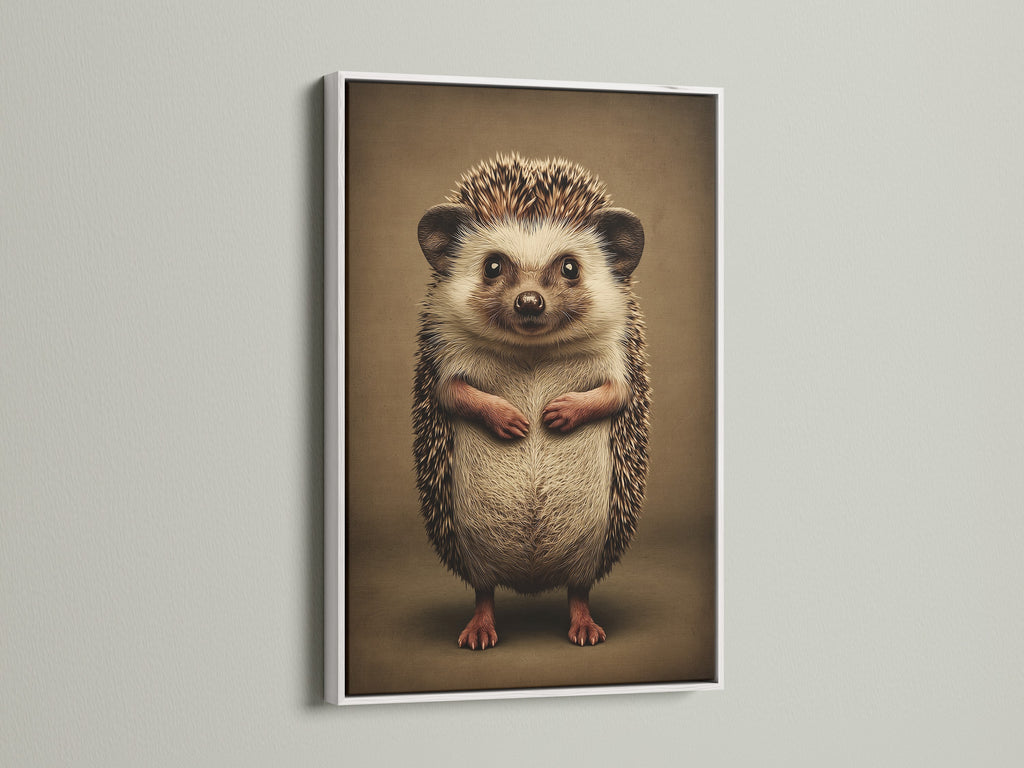 Hedgehog art print in a white frame on a white wall. This is a cute animal print for a woodland nursery. This neutral wall art is ideal for minimalist or farmhouse styles. It’s a cute hedgehog.