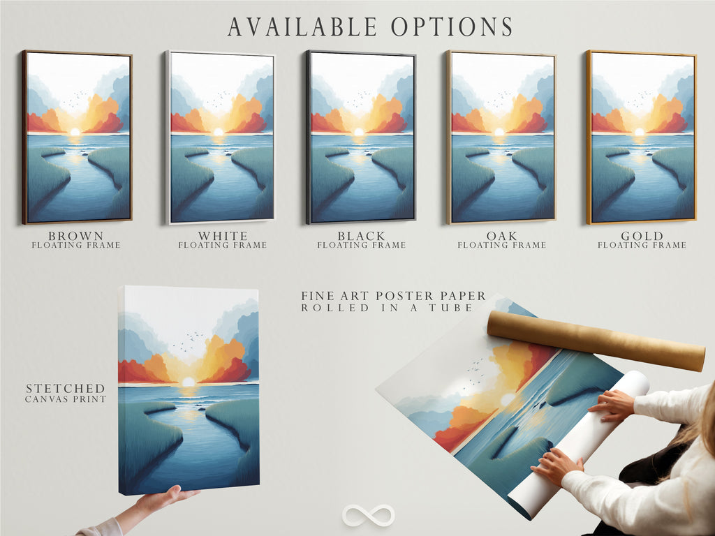 Available options for coastal marsh artwork. Choose from a stretched canvas print fine art poster paper or floating frame. Customize your sunset seascape to match your style. Modern teal and coral artwork for any home.