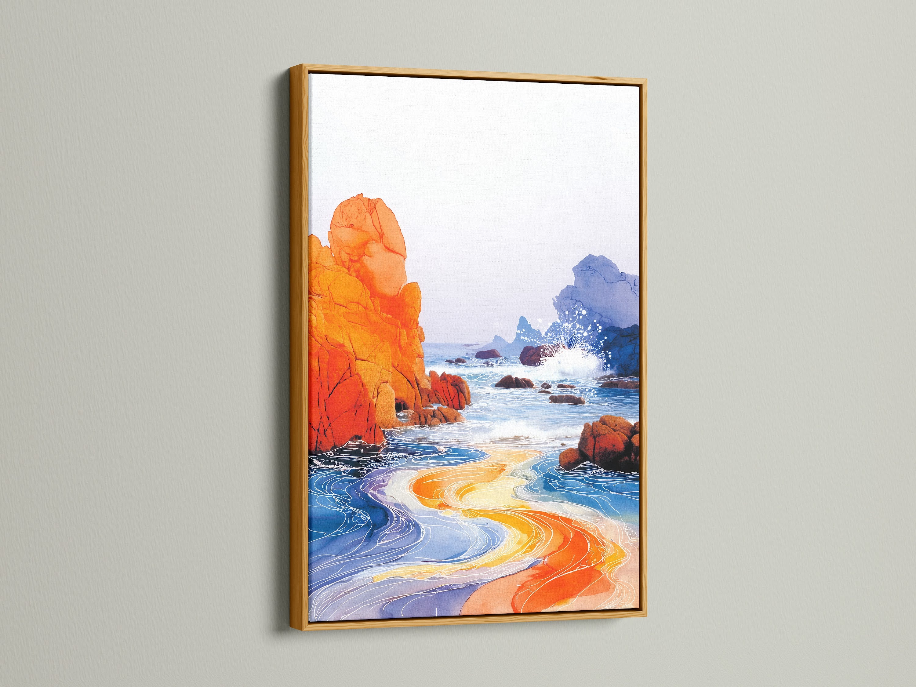 A gold frame enhances this vibrant ocean canvas print. The orange and blue artwork captures a modern beach landscape scene. Gold frame adds a touch of luxury to your coastal wall art. Elevate your home decor with this seaside artwork.