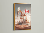 Oil Derrick artwork with a Canadian Flag. The canvas print is displayed in a gold frame. Rustic industrial decor for offices. Explore this energy sector artwork today.