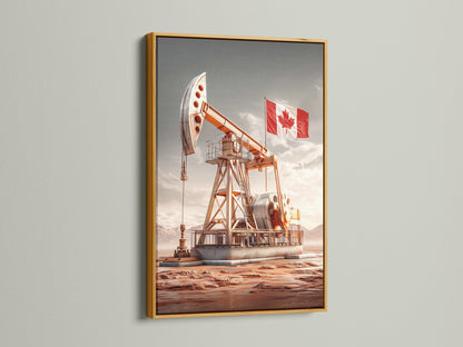 See the oil derrick canvas print with the Canadian flag presented in a gold frame. This landscape canvas adds a touch of elegance to industrial decor. A great way to display your patriotic art.
