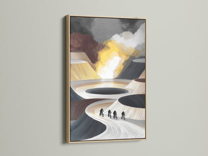 Cyclists abstract canvas print is showcased in an oak frame. The riders canvas features neutral wall art. Perfect modern prints for contemporary art lovers. Elevate your office wall art.