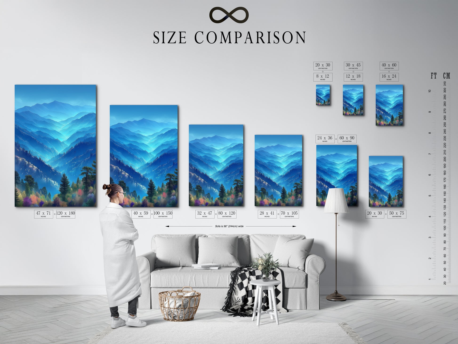 Review the size comparison chart in an interior setting. The chart shows available sizes. Find the perfect fit for your space. Choose stretched canvas fine art poster paper or floating frame options. Enhance your home with mountain art.
