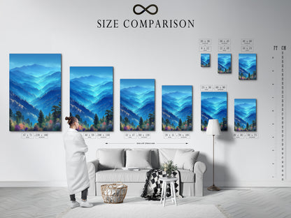 Review the size comparison chart in an interior setting. The chart shows available sizes. Find the perfect fit for your space. Choose stretched canvas fine art poster paper or floating frame options. Enhance your home with mountain art.