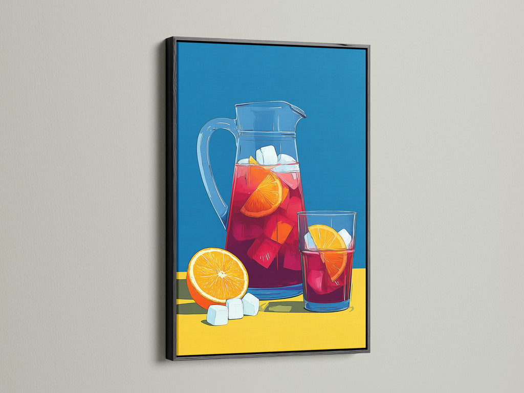 Sangria Pitcher artwork in a black frame. The black frame makes the colors pop. This is ideal for bar wall decor. It suits contemporary style spaces. The artwork includes a pitcher and glass. It brings a modern touch.