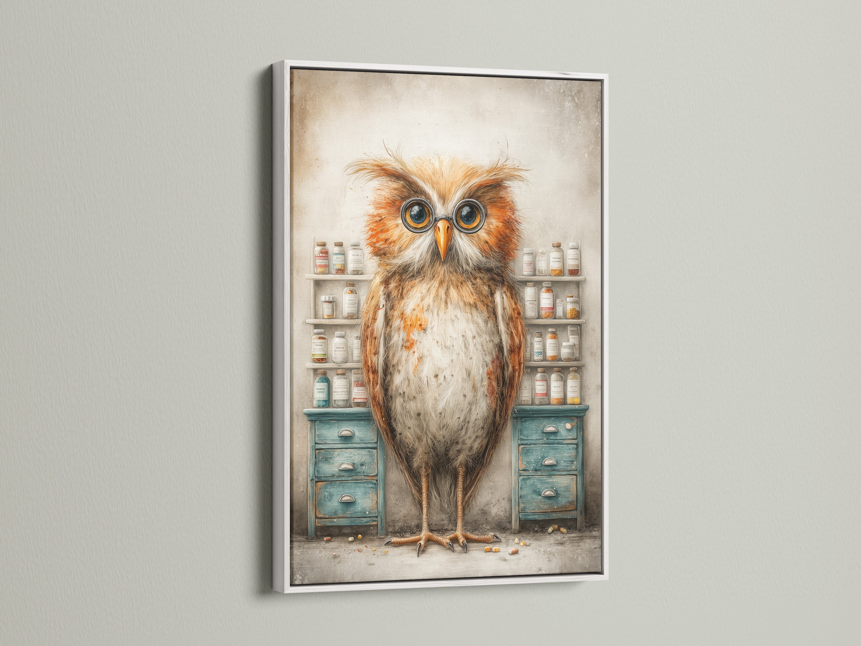 Whimsical owl artwork in a white frame. This vintage pharmacy art adds charm to any space. The owl canvas print is perfect for study room decor. Its rustic style and animal theme make it unique. A great choice for professionals seeking distinctive wall art. Enjoy this captivating owl artwork.