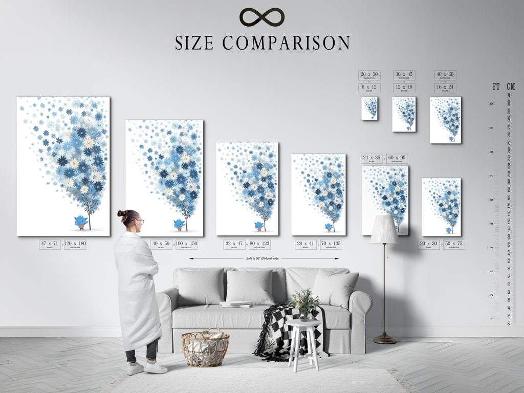 A size comparison chart is displayed in an interior setting. It showcases various sizes of the blue floral artwork. Visualize the perfect fit for your space. This pastel botanical art and whimsical flower tree art will enhance any room. Great for nursery decor.