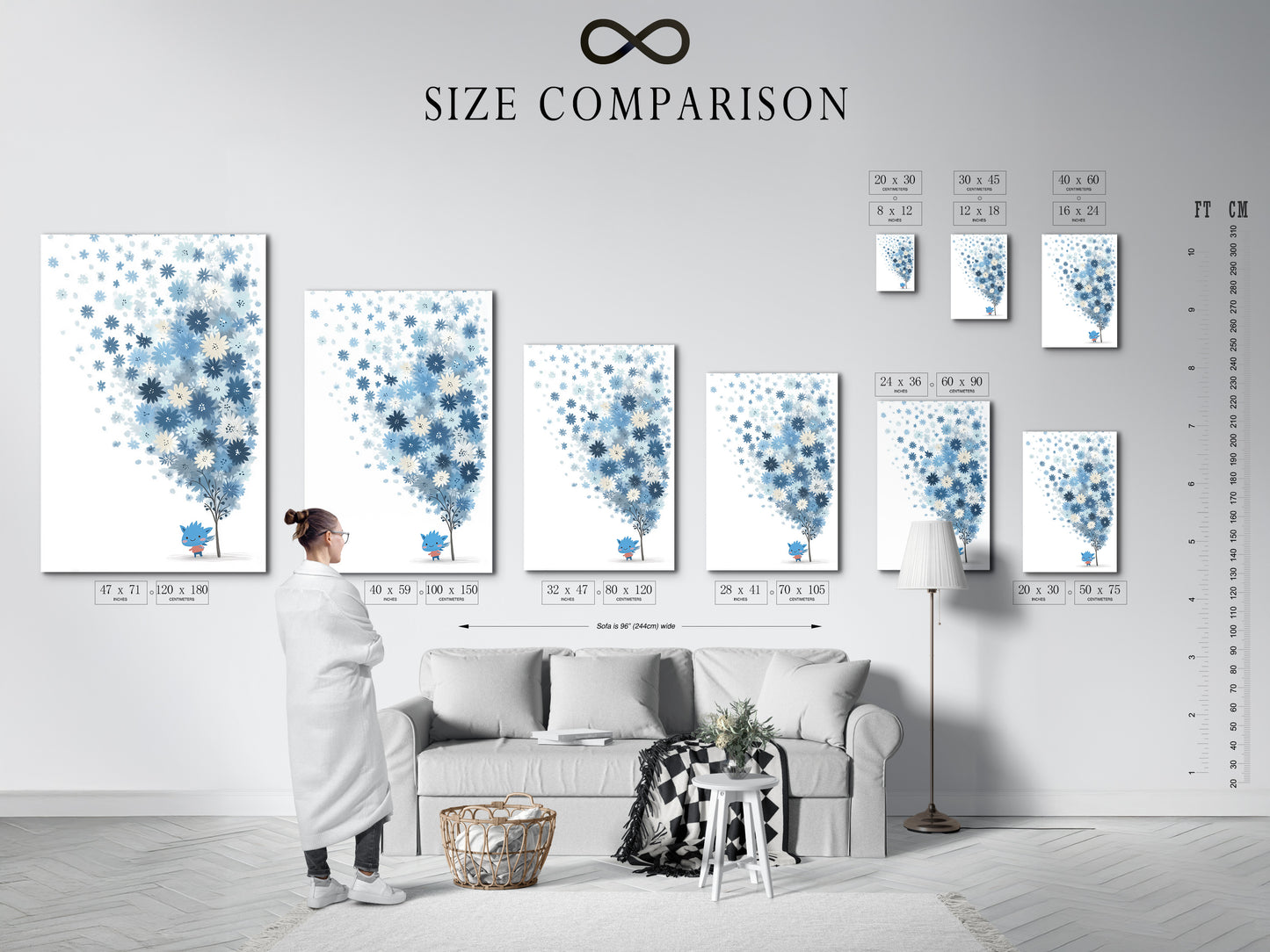 A size comparison chart is displayed in an interior setting. It showcases various sizes of the blue floral artwork. Visualize the perfect fit for your space. This pastel botanical art and whimsical flower tree art will enhance any room. Great for nursery decor.
