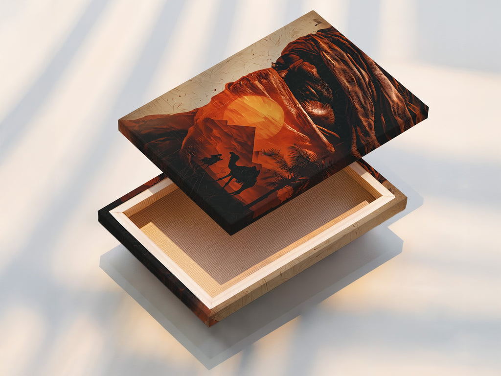 A stretched canvas print displays the desert Bedouin artwork in vivid detail. The canvas texture enhances the visual appeal. This Middle Eastern wall art is ready to hang. Perfect for adding a touch of global charm to your home or office. This camel caravan sunset poster brings the Sahara to your walls. Enjoy the warm tones.