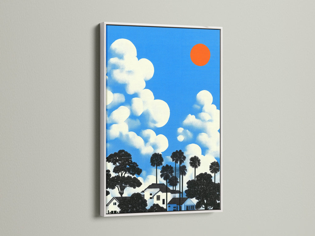 This image shows the house and clouds artwork with a white frame. The white frame offers a clean modern look. It's ideal for office wall decor and adds a touch of vintage style.