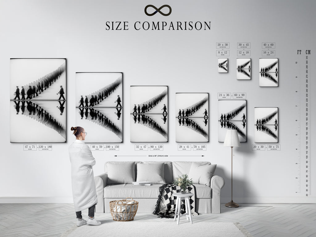 This size comparison chart shows a marching band artwork in an interior setting. Visualize how this black and white reflection print fits in your space. Perfect for office wall art study decor and music rooms. See how this artwork enhances any room's style.