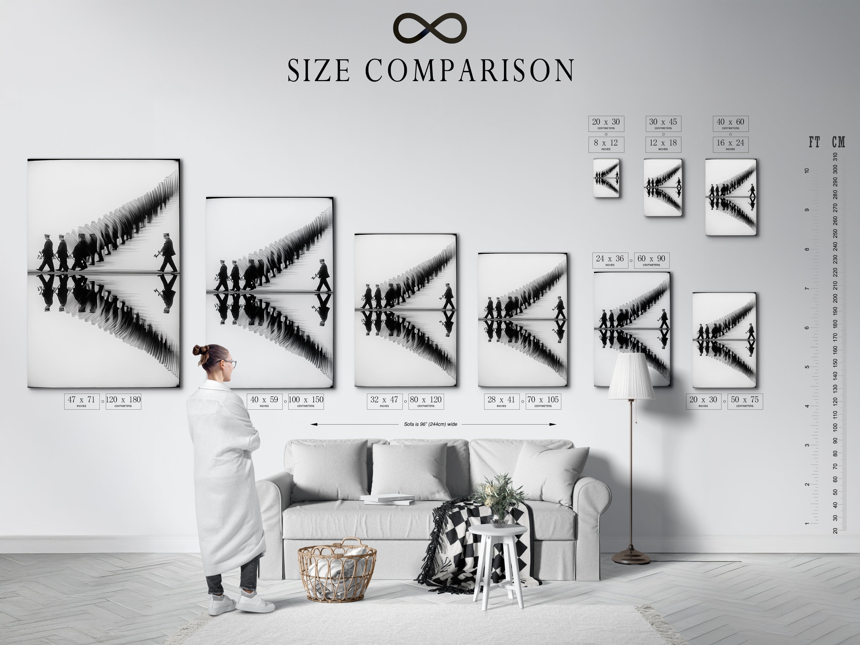 This size comparison chart shows a marching band artwork in an interior setting. Visualize how this black and white reflection print fits in your space. Perfect for office wall art study decor and music rooms. See how this artwork enhances any room's style.