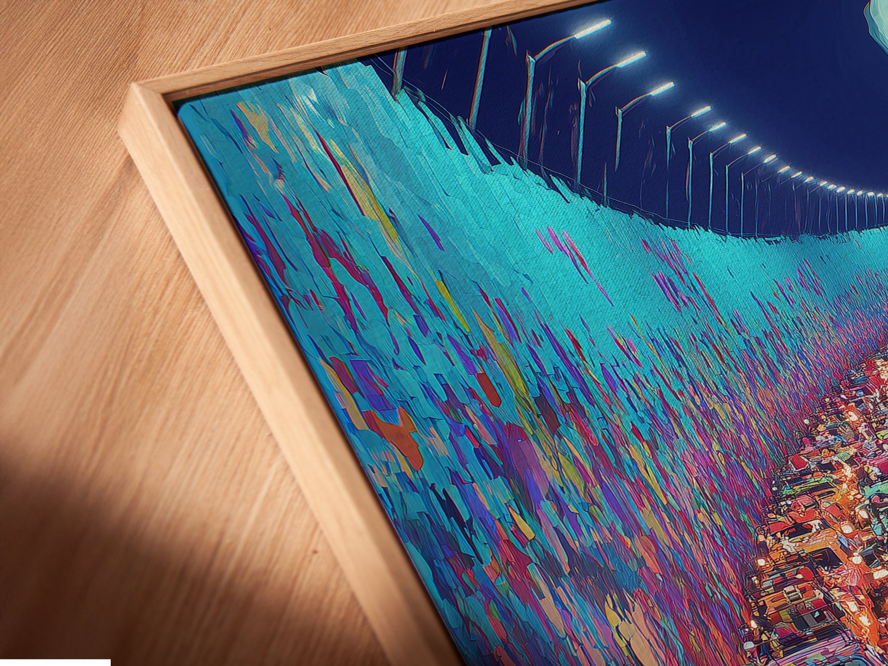 Angled close up of retro van artwork in a floating frame. This coastal highway art is perfect for offices. The turquoise art complements a 70s aesthetic. The vintage vehicle poster adds character. This art is ideal for living rooms bedrooms and studios.