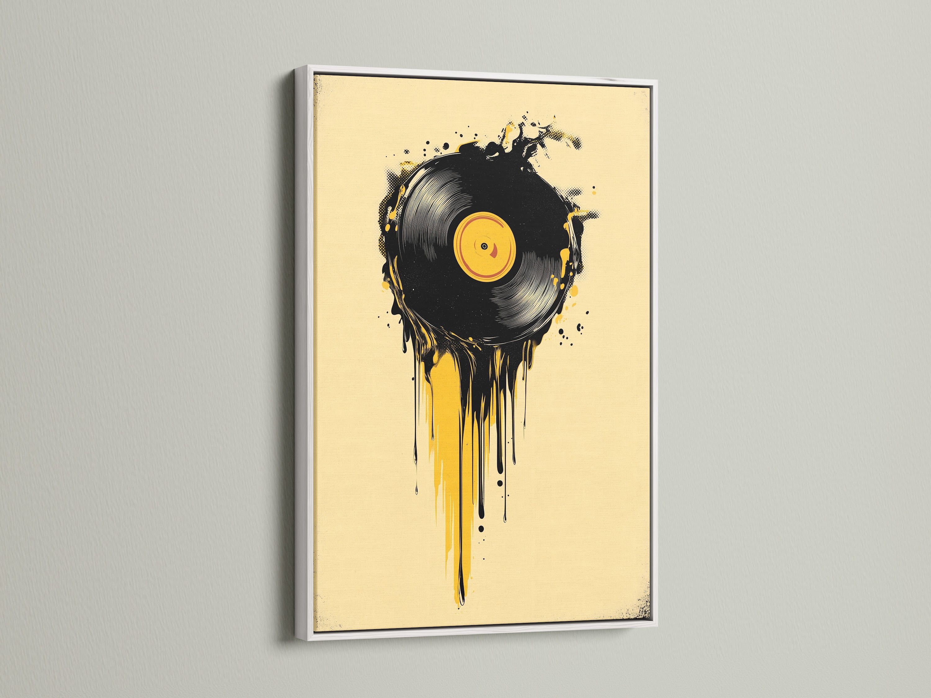 Artwork featuring a vinyl record with dripping paint in a white frame. A clean white frame gives a modern look. The white frame provides a fresh contrast. This artwork is ideal for contemporary spaces. Discover how a white frame can brighten your walls.