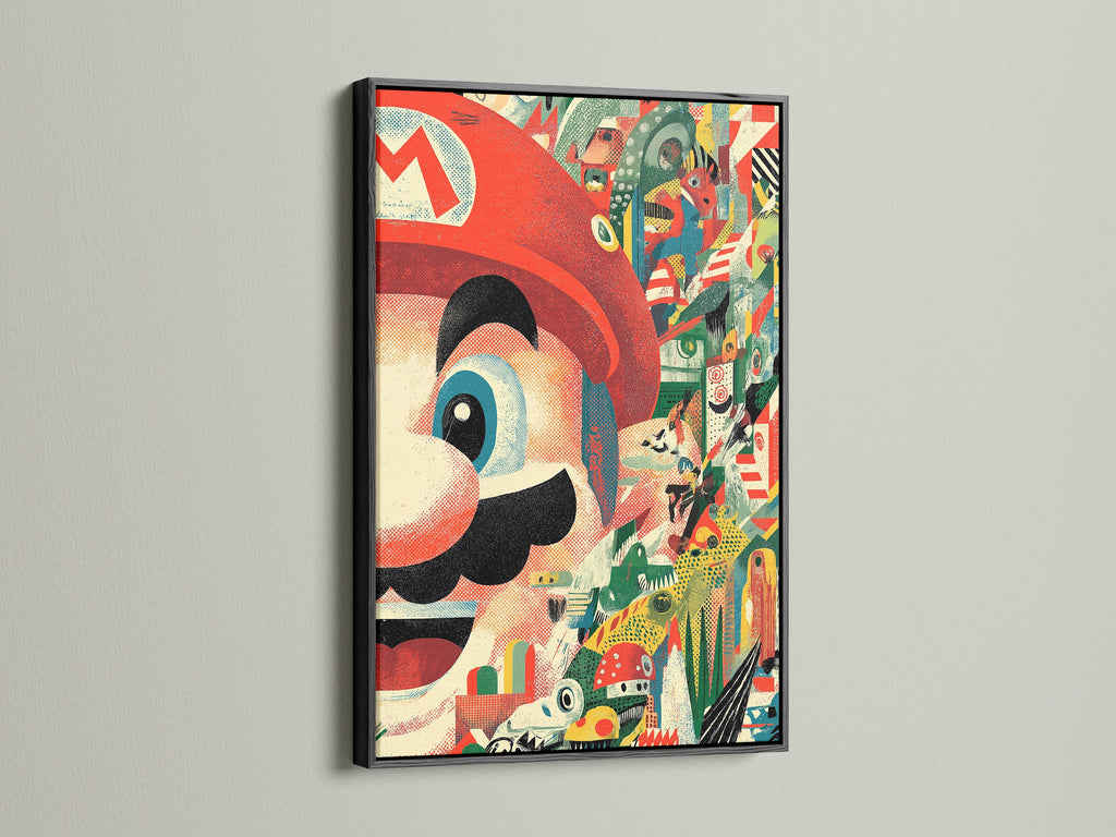 The black frame gives a bold statement to the Mario collage art print. A sleek black frame makes the Nintendo canvas print stand out. This retro gaming art is ideal for creating a modern game room decor. Shop now to elevate your space.