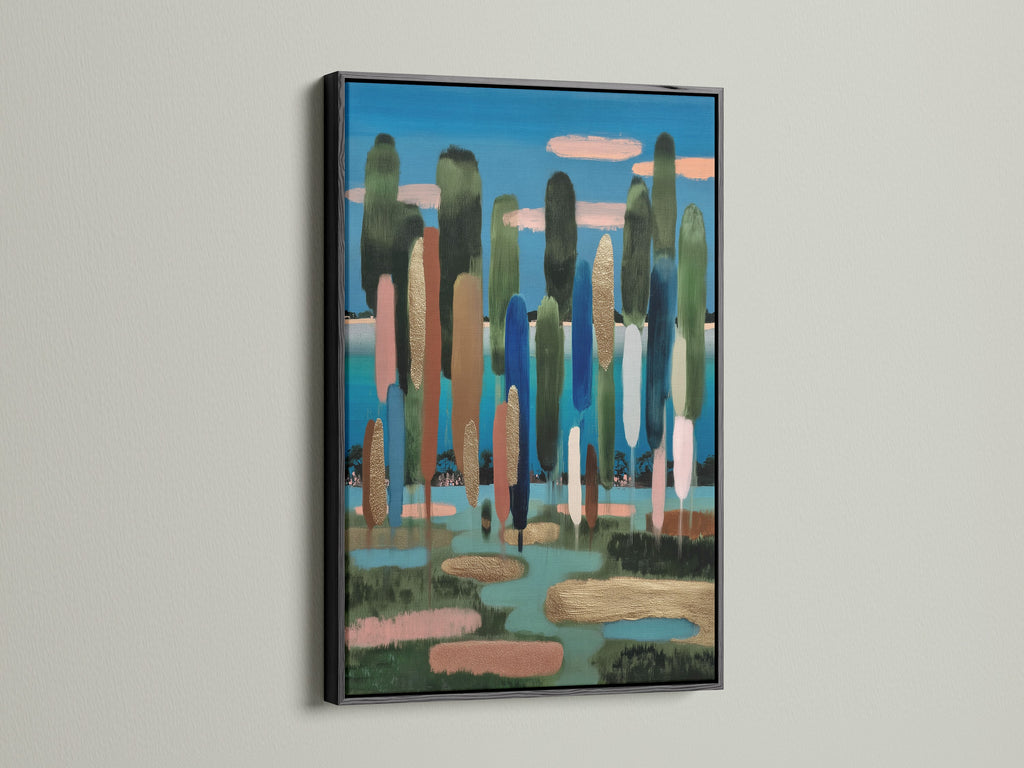 A black frame offers a bold and classic display for artwork. It creates a striking contrast that draws the viewer's eye. This frame adds a sophisticated touch to any artwork. The artwork inside features an abstract landscape.