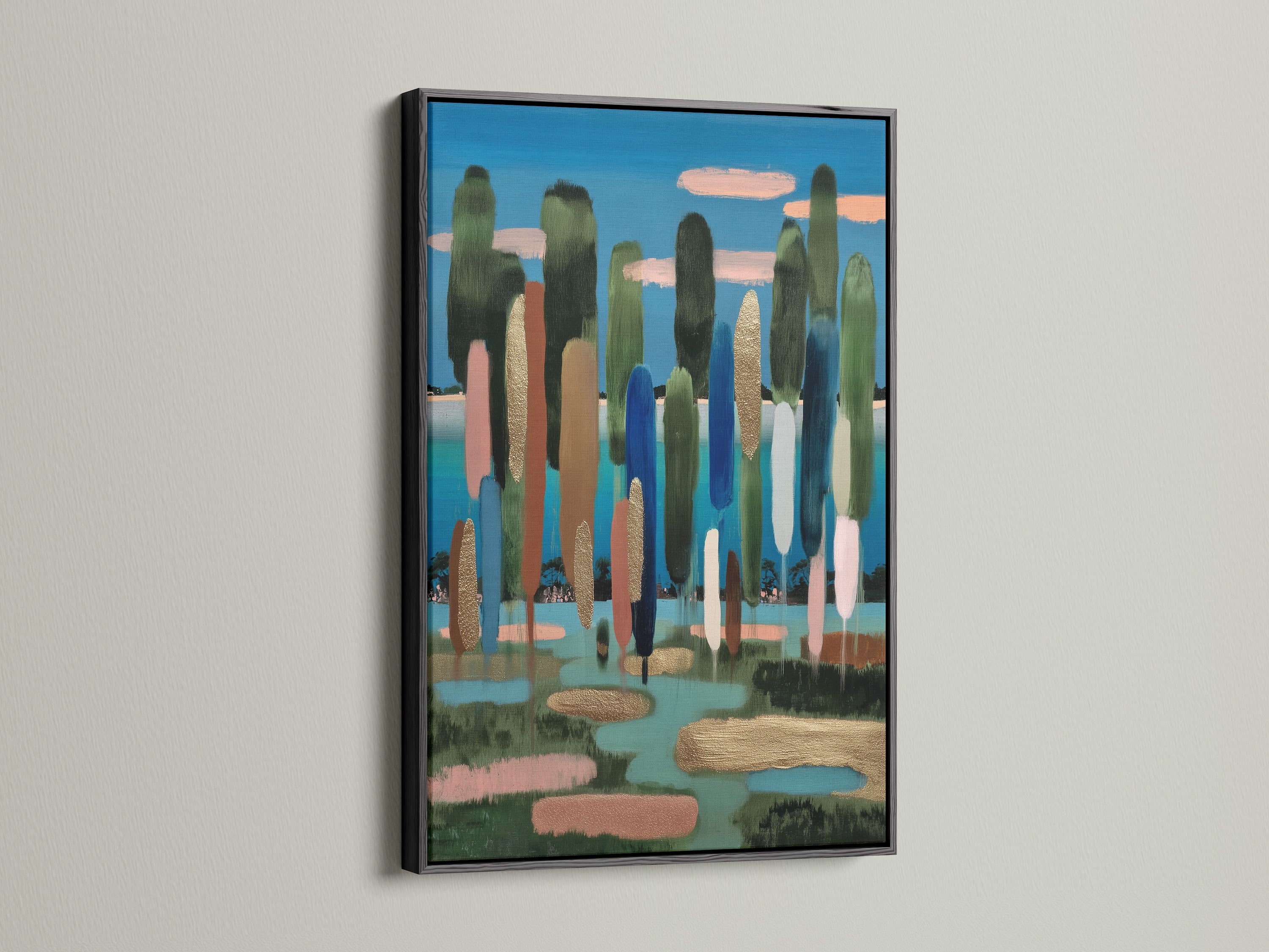 A black frame offers a bold and classic display for artwork. It creates a striking contrast that draws the viewer's eye. This frame adds a sophisticated touch to any artwork. The artwork inside features an abstract landscape.