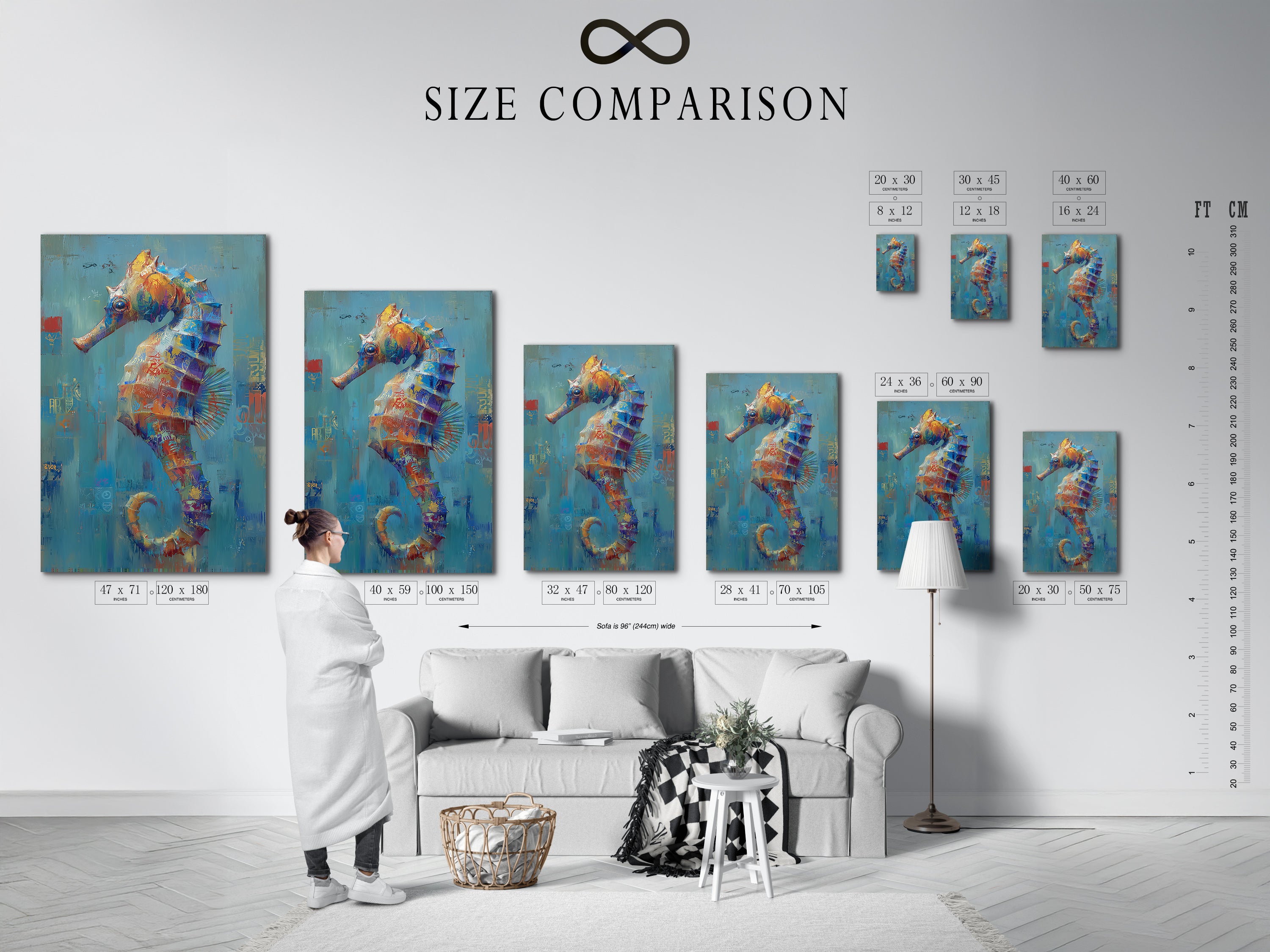 Size comparison chart of the seahorse abstract art print displayed in an interior setting. See how this ocean canvas print fits in various spaces. Visualize the impact of this marine art on your walls.