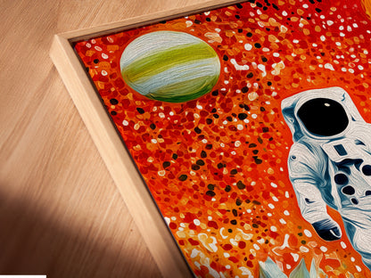Close-up of a canvas print featuring astronauts in a floating frame. The artwork showcases intricate details and vibrant colors. The floating frame gives the artwork a modern gallery look. Perfect for sci-fi and surreal art lovers.